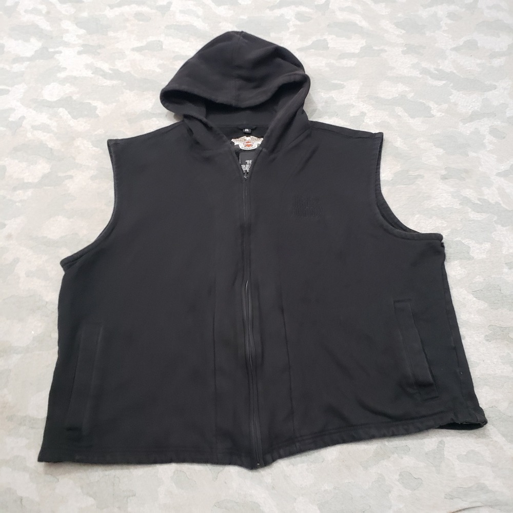 Harley-Davidson Hooded Vest Womens 2XL Black Pockets Full Zip Sleeveless Biker